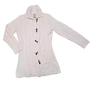 LL Bean Women's Wool Blend Cable Knit Toggle Cardigan Coat Ivory Cream M